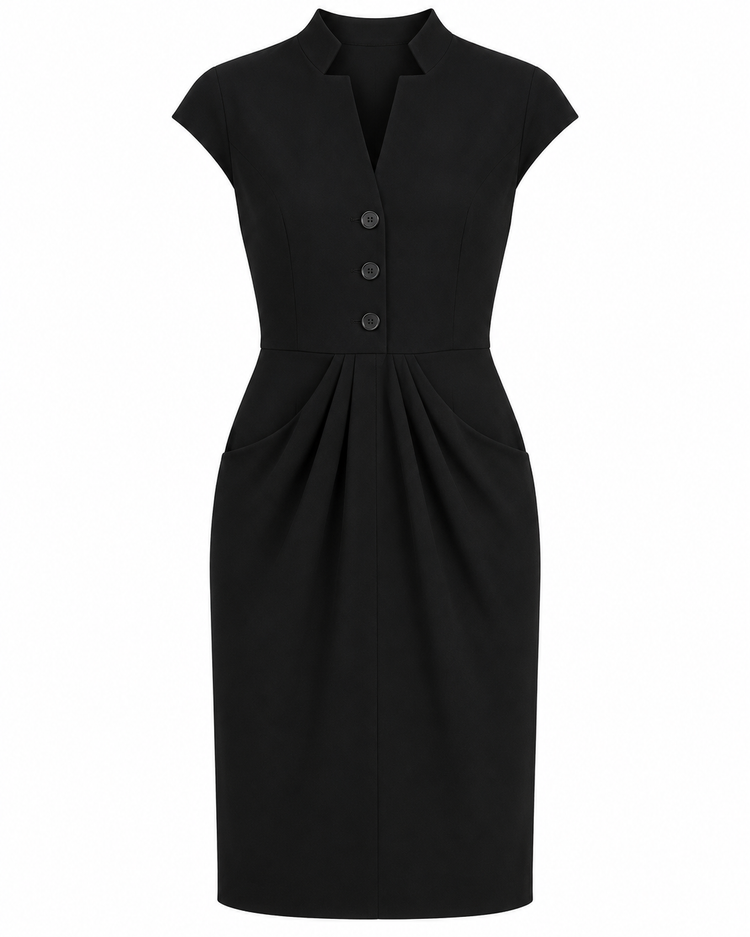 Dior tailored black wool draped dress displayed on a hanger, showcasing elegant fabric and sophisticated design details.