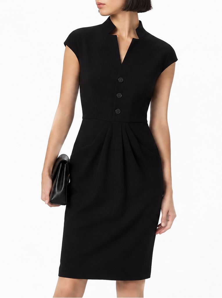 Elegant Dior tailored black wool draped dress, showcasing a sophisticated silhouette and refined craftsmanship.