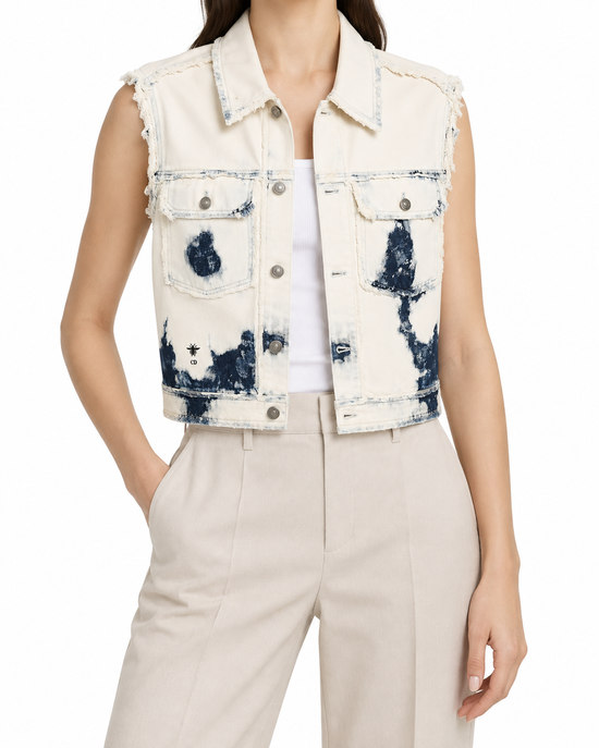 Dior tie-dye denim frayed vest with distressed edges, casual blazer or jacket style, featuring vibrant blue and white patterns.