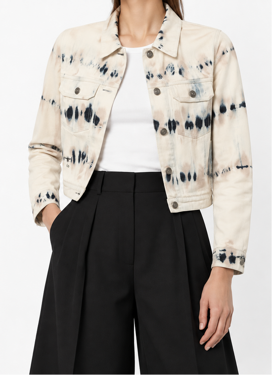 Dior tie-dye denim jacket with long sleeves, classic collar, and front button closure, casual fashion blazer for women.