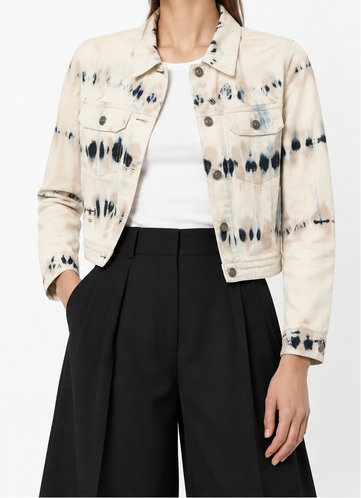 Dior tie-dye denim jacket with long sleeves, classic collar, and front button closure, casual fashion blazer for women.