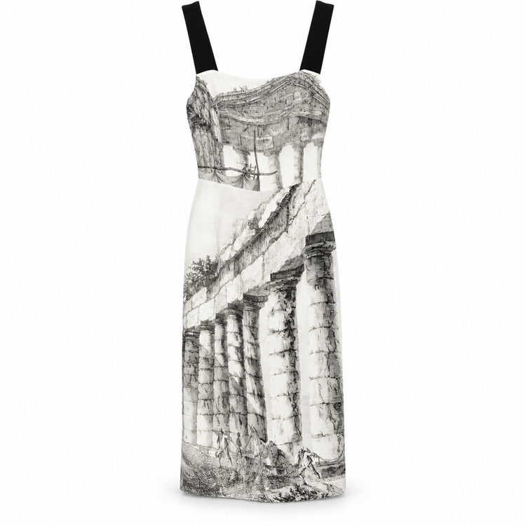 Dolce & Gabbana 2014 Greek Temple midi dress featuring flowing fabric and intricate Greek-inspired design.