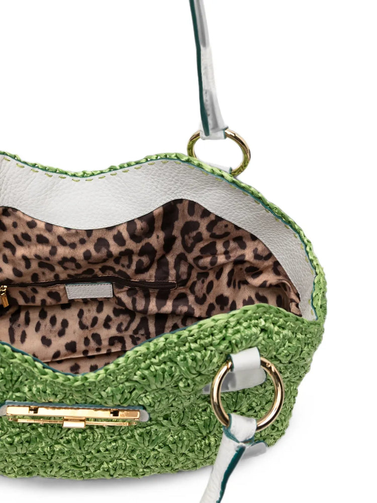 Green raffia shoulder bag by Dolce & Gabbana, featuring a textured crochet design and stylish shoulder strap.