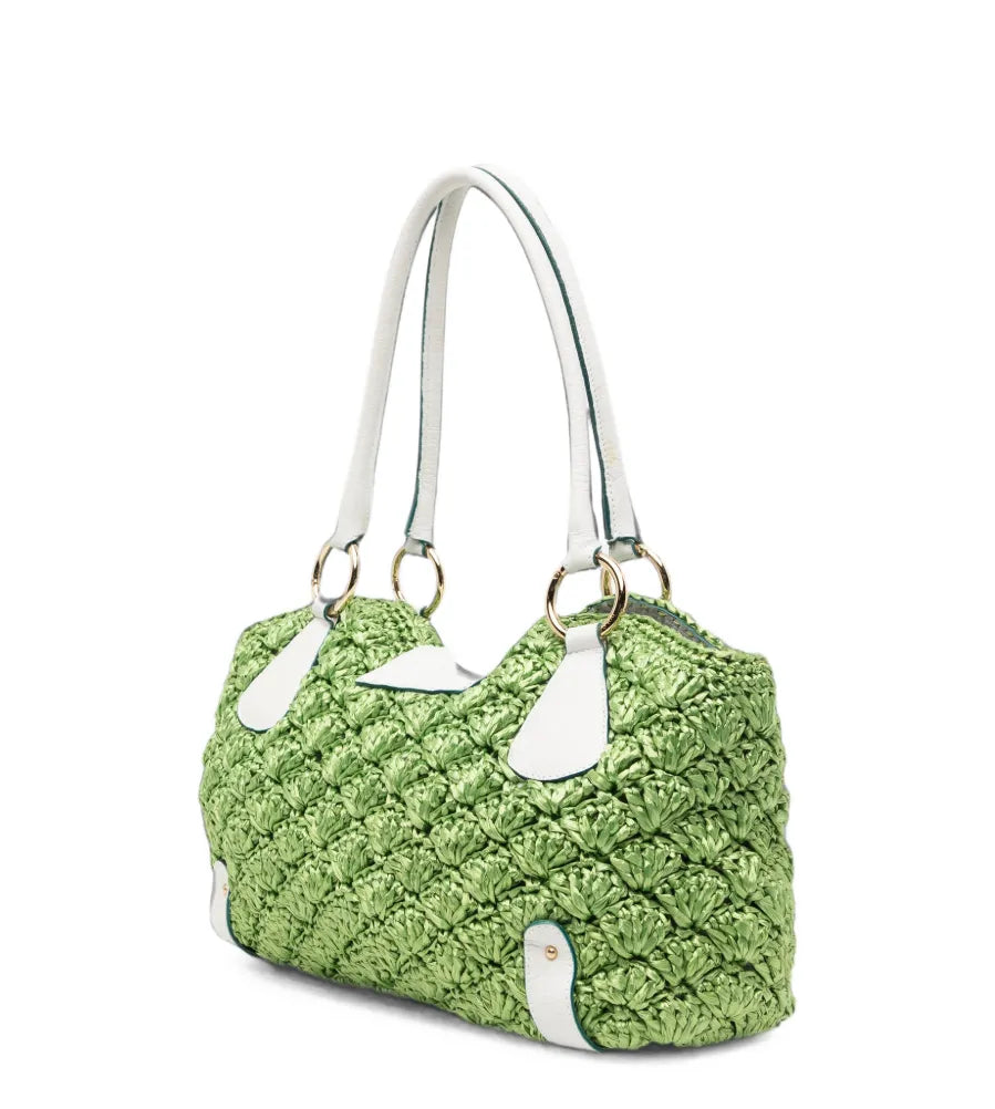 Green raffia shoulder bag by Dolce & Gabbana featuring a woven crochet design and a sleek shoulder strap.