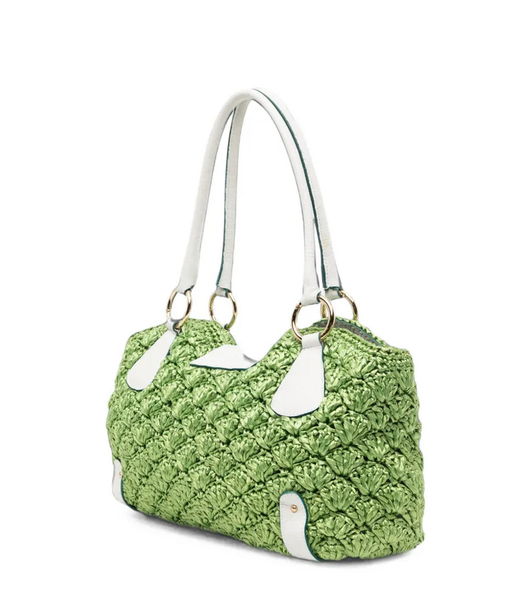 Green raffia shoulder bag by Dolce & Gabbana featuring a woven crochet design and a sleek shoulder strap.
