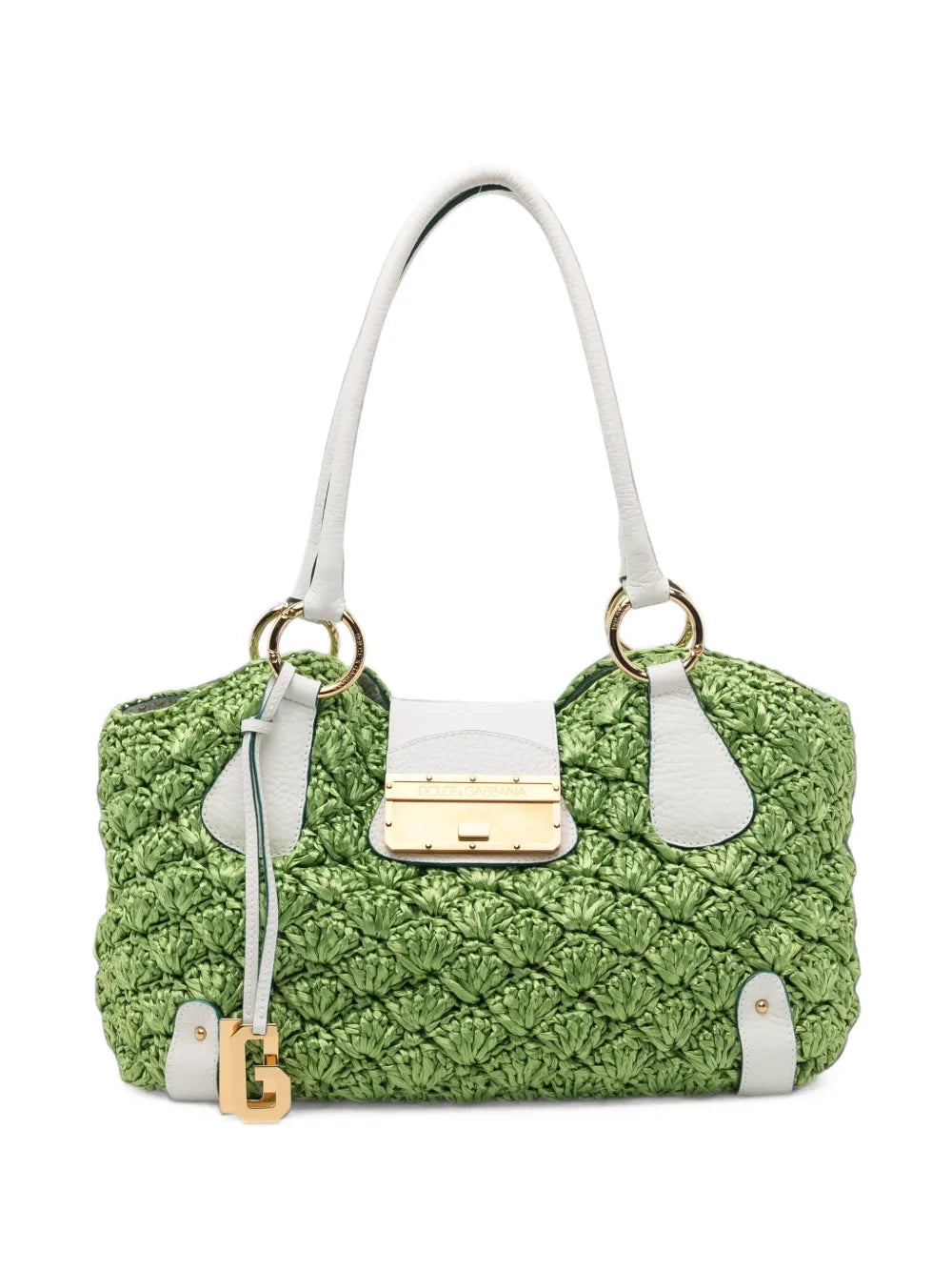 Green Raffia Shoulder Bag by Dolce & Gabbana, woven crochet design with shoulder strap, stylish accessory for casual or chic outfits.