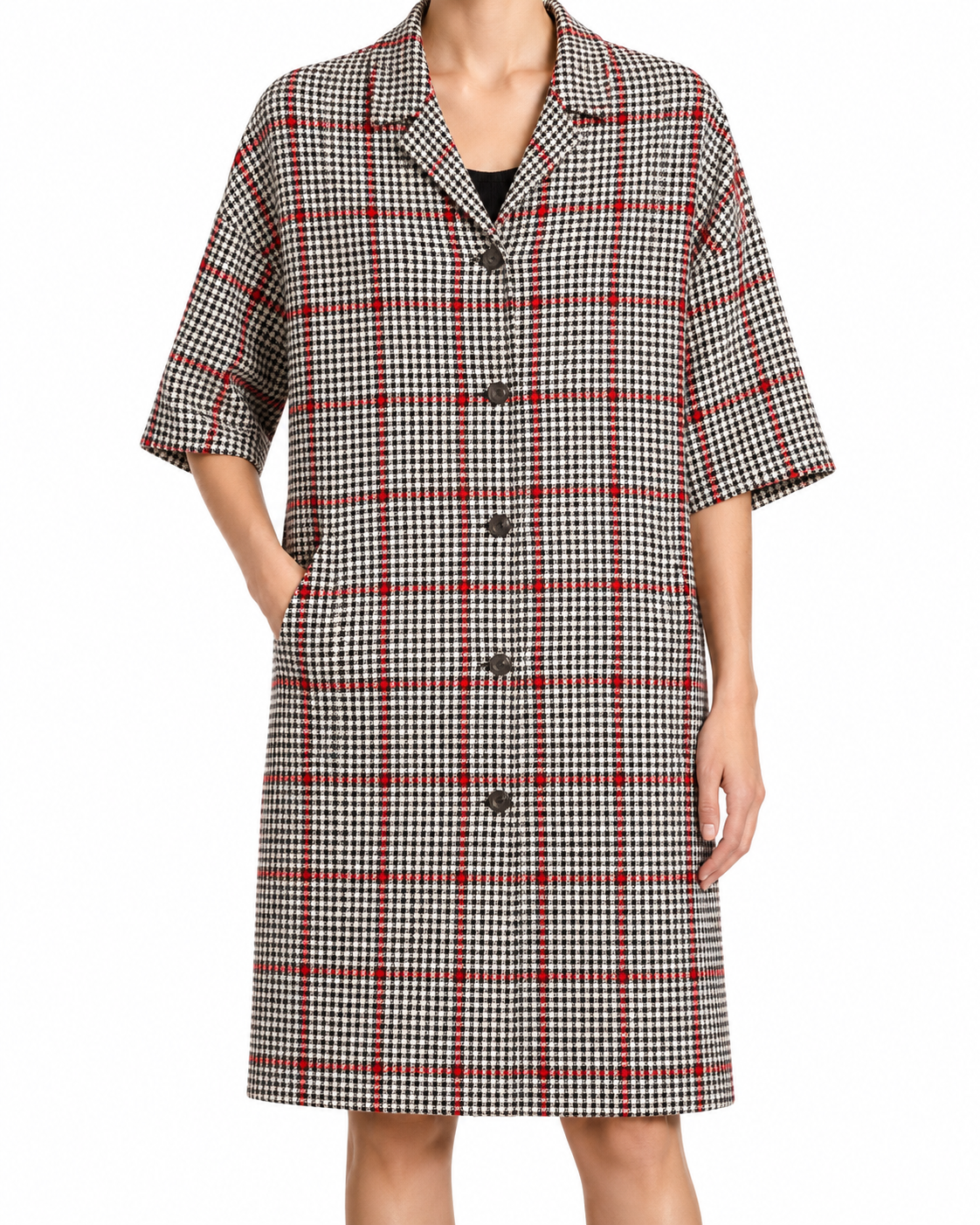Dolce & Gabbana herringbone 3/4 sleeve coat displayed on a hanger, showcasing classic pattern and tailored design.