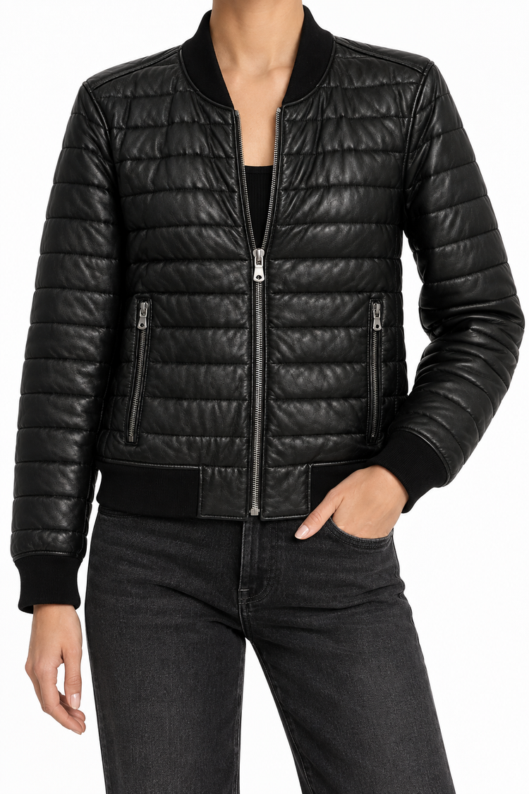 Dolce & Gabbana leather bomber jacket with a sleek design, showcasing its smooth black leather and classic fit.