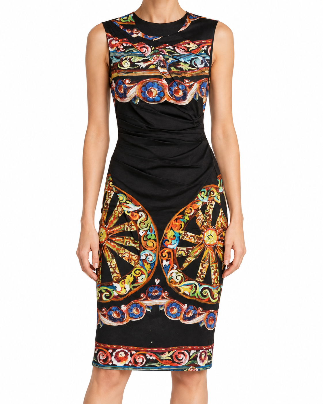 Dolce & Gabbana printed midi dress featuring vibrant patterns, sleeveless design, and a fitted silhouette.