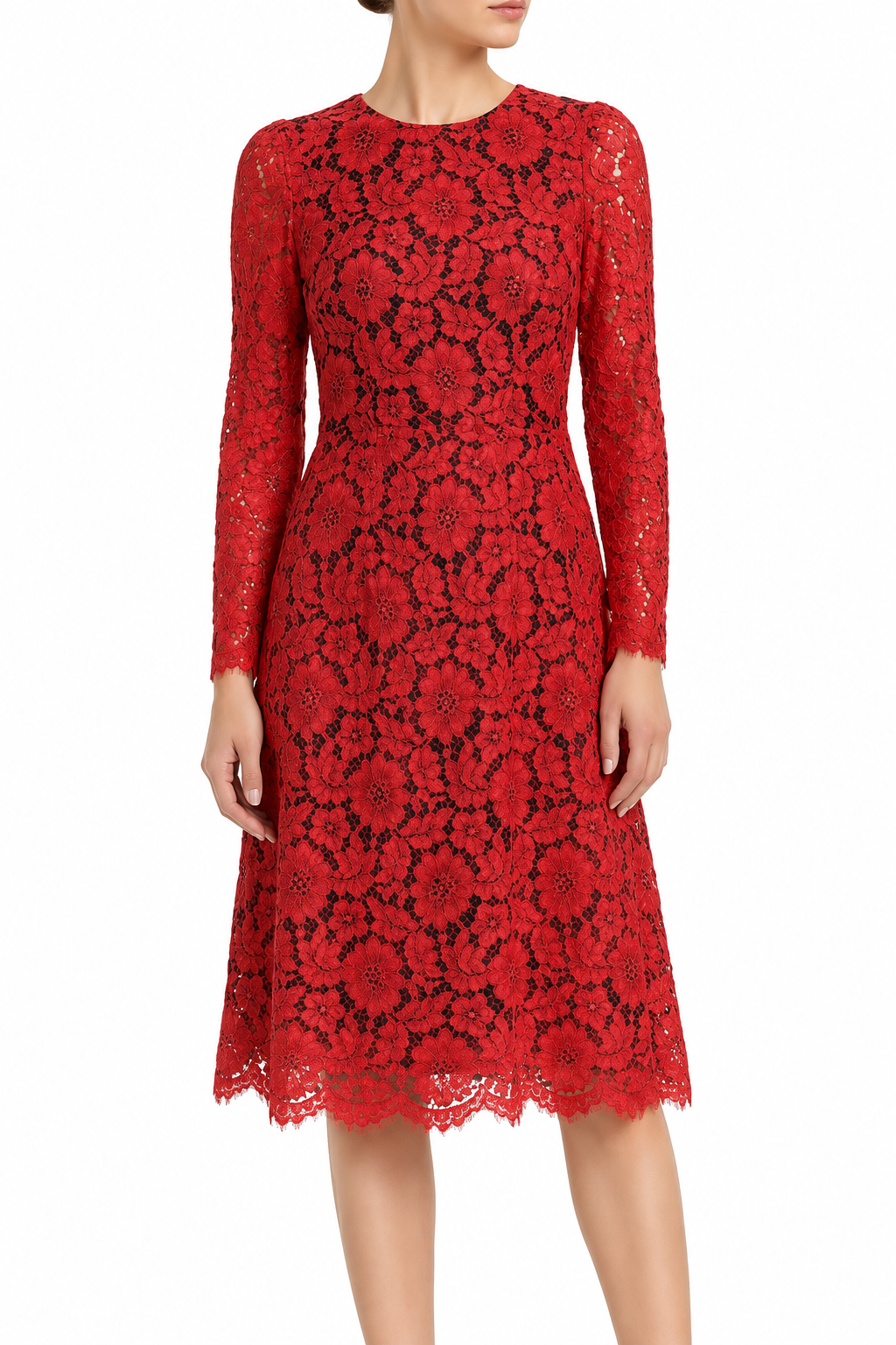 Dolce & Gabbana red floral lace maxi dress featuring intricate lace details and a flowing silhouette.