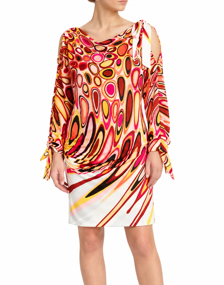Elegant Emilio Pucci abstract print draped dress with flowing fabric and artistic design, perfect for stylish occasions.