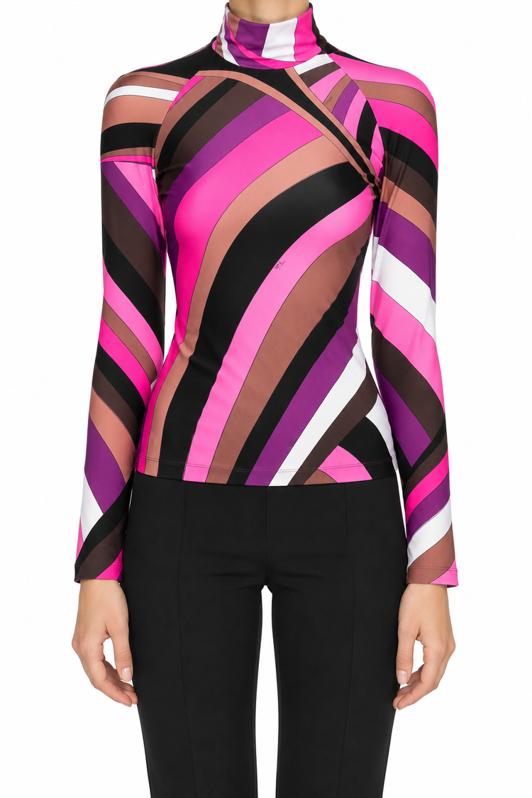 Emilio Pucci print stretch-jersey turtleneck top featuring a vibrant, colorful pattern and fitted design.