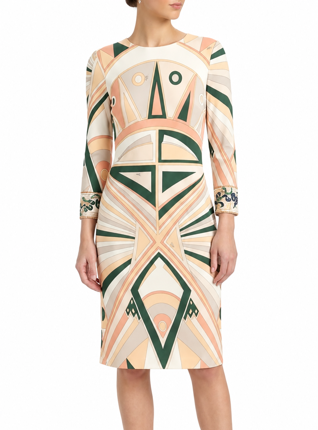 Emilio Pucci geometric print long sleeve dress showcasing vibrant pattern and sleek silhouette for stylish evening wear.