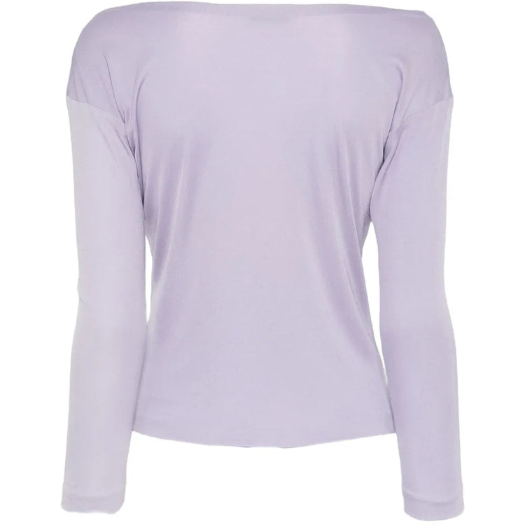 Emilio Pucci lilac silk long-sleeve top with a relaxed fit and elegant drape, displayed on a hanger.