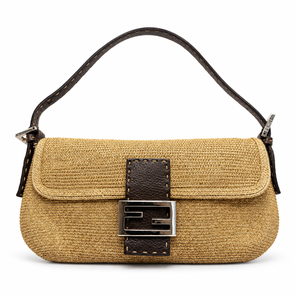 Fendi Raffia Baguette shoulder bag with woven raffia material and leather accents, stylish and compact for everyday use.