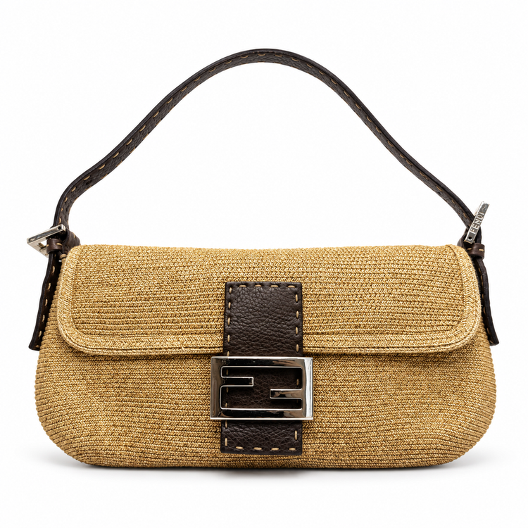 Fendi Raffia Baguette shoulder bag with woven raffia material and leather accents, stylish and compact for everyday use.