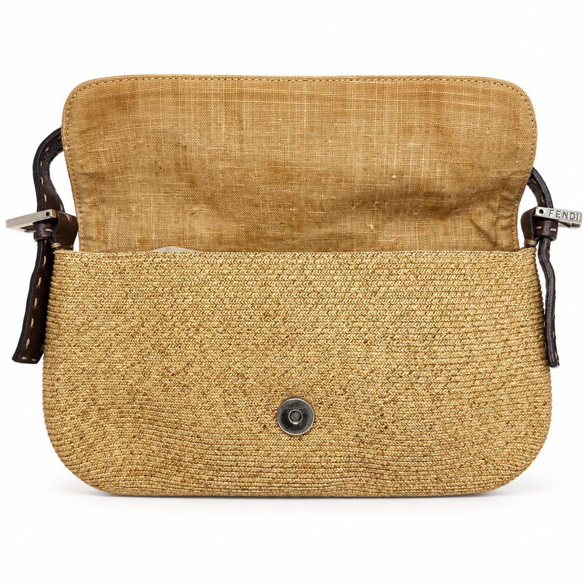 Fendi Raffia Baguette shoulder bag with woven raffia texture and leather accents, stylish accessory for casual or chic outfits.