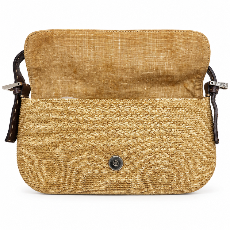 Fendi Raffia Baguette shoulder bag with woven raffia texture and leather accents, stylish accessory for casual or chic outfits.