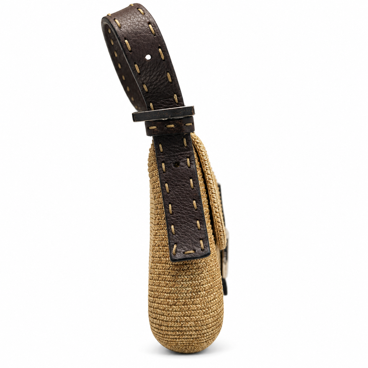 Fendi Raffia Baguette Shoulder Bag with woven raffia design and leather accents, stylish accessory for everyday wear.