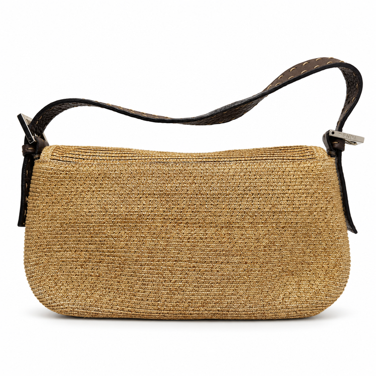 Fendi Raffia Baguette shoulder bag with woven straw design and leather accents, stylish accessory for casual and chic looks.