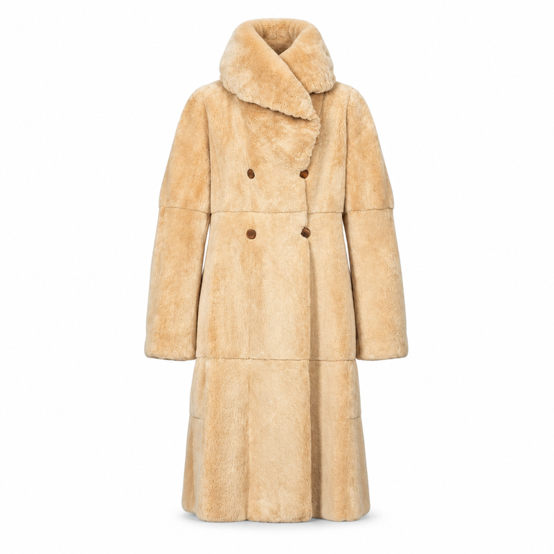Fendi Alta Moda peach sheared mink reversible long coat with shallow hood, double-breasted button closure and panelled construction. 