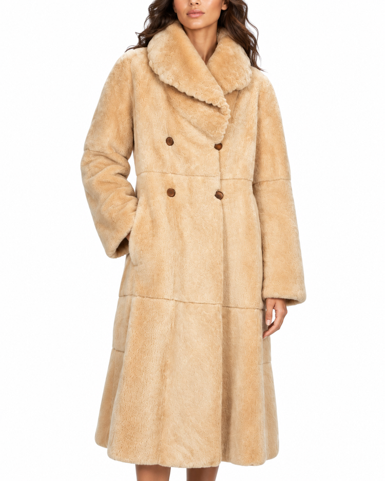 Fendi Alta Moda peach sheared mink reversible long coat with shallow hood, double-breasted button closure and panelled construction.