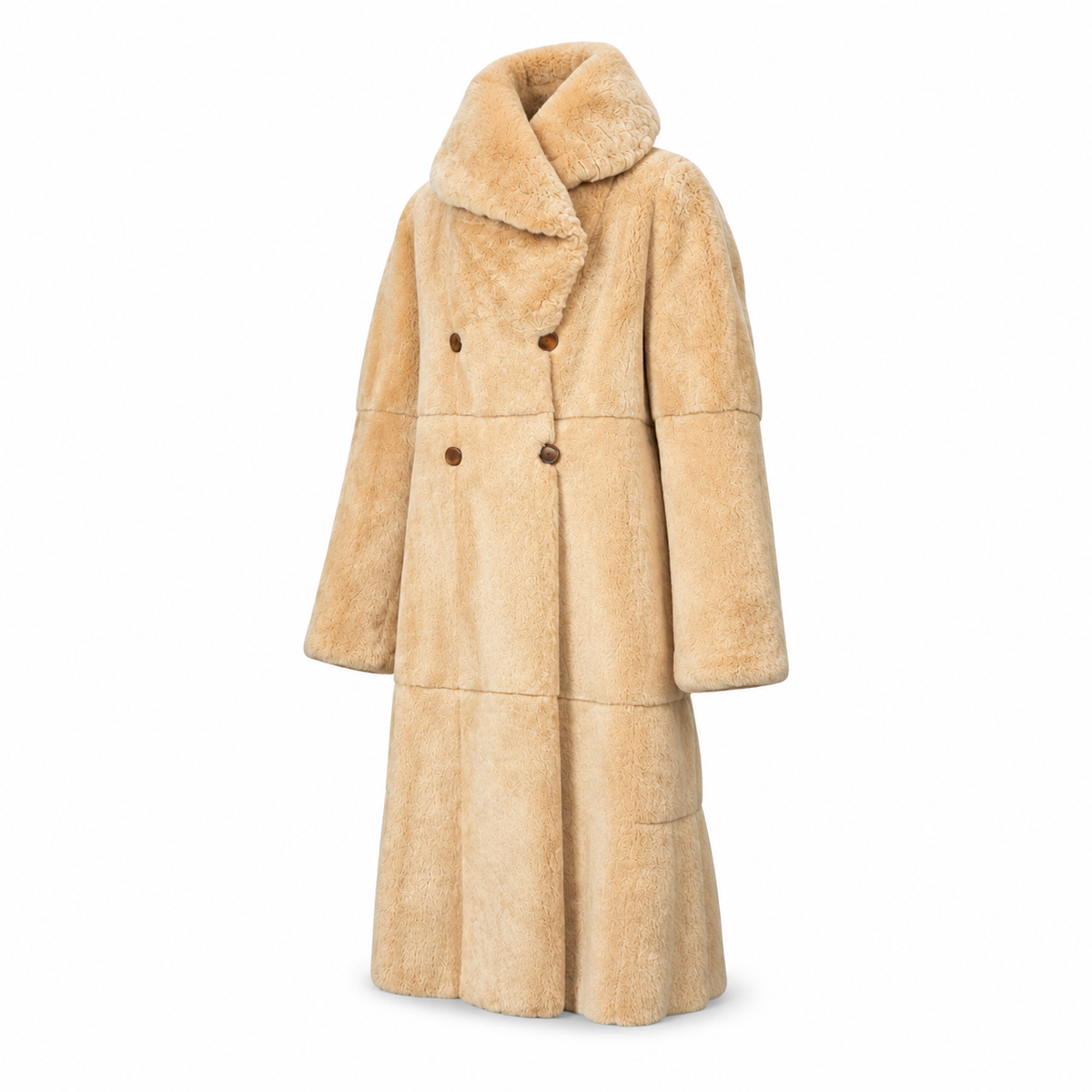 Fendi Alta Moda peach sheared mink reversible long coat with shallow hood, double-breasted button closure and panelled construction.