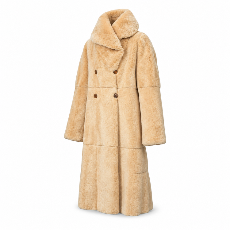Fendi Alta Moda peach sheared mink reversible long coat with shallow hood, double-breasted button closure and panelled construction.