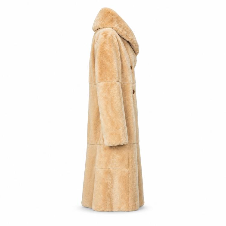 Fendi Alta Moda peach sheared mink reversible long coat with shallow hood, double-breasted button closure and panelled construction.
