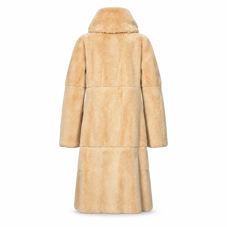 Fendi Alta Moda peach sheared mink reversible long coat with shallow hood, double-breasted button closure and panelled construction.