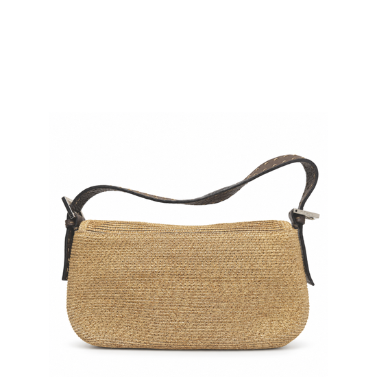 Fendi Raffia Baguette shoulder bag with woven raffia texture and leather accents, stylish and compact for everyday use.