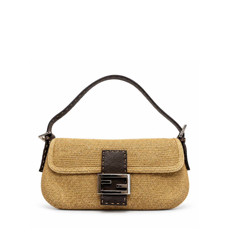 Fendi Raffia Baguette shoulder bag with woven raffia exterior and leather strap, stylish accessory for everyday use.