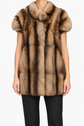 Fendi beige and brown hooded fur gilet with plush texture, sleeveless longline silhouette, rounded shoulders and vertical panel detailing.