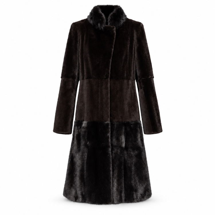 Fendi black sheared mink long coat with glossy mink collar and hem trim, long sleeves and panelled construction.