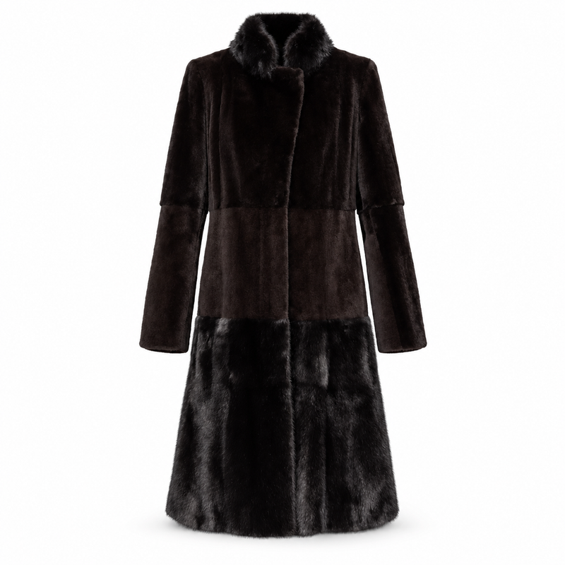 Fendi black sheared mink long coat with glossy mink collar and hem trim, long sleeves and panelled construction.