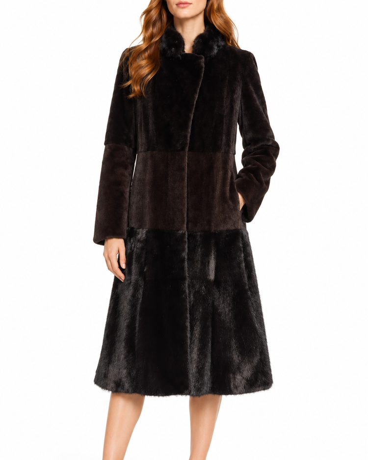 Fendi black sheared mink long coat with glossy mink collar and hem trim, long sleeves and panelled construction.