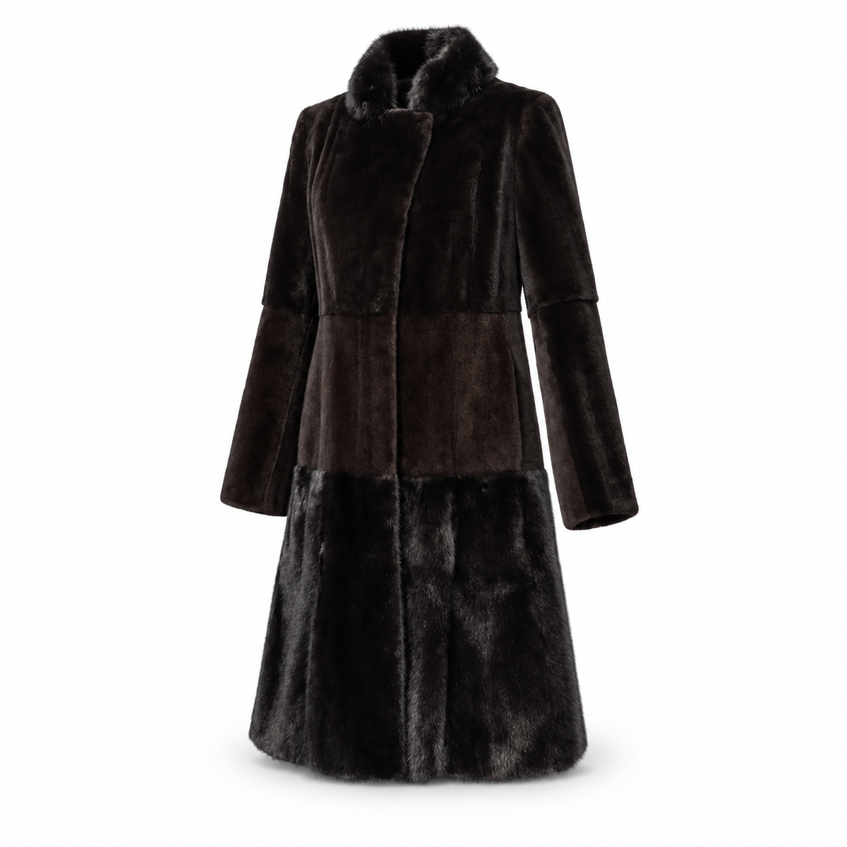 Fendi black sheared mink long coat with glossy mink collar and hem trim, long sleeves and panelled construction.