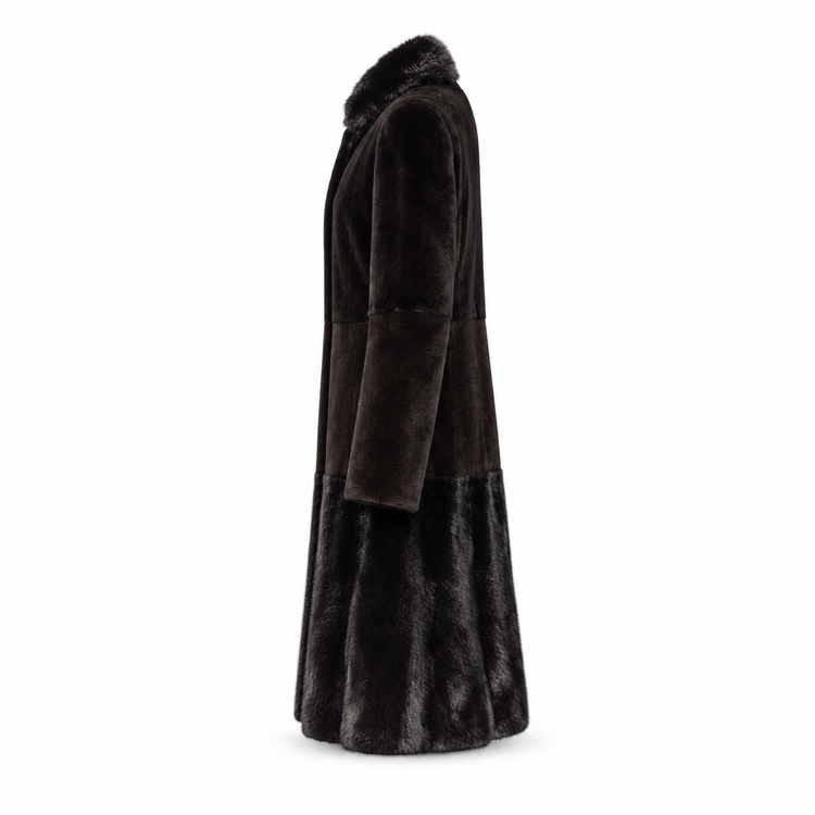 Fendi black sheared mink long coat with glossy mink collar and hem trim, long sleeves and panelled construction.