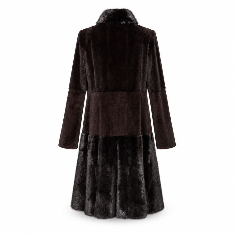 Fendi black sheared mink long coat with glossy mink collar and hem trim, long sleeves and panelled construction.