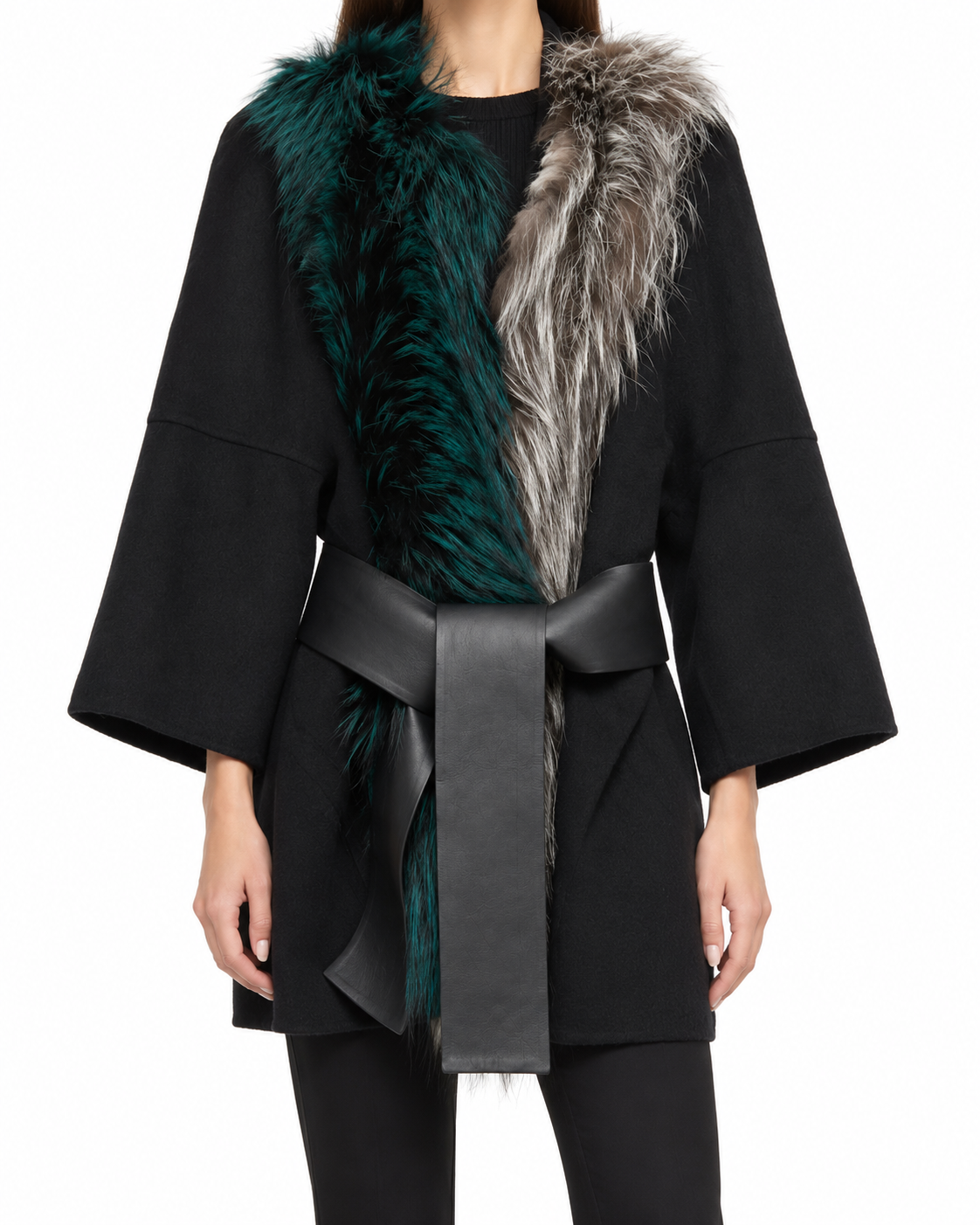 Fendi fur collar coat hanging on a clothing rack, stylish winter outerwear with a plush fur collar and tailored design.