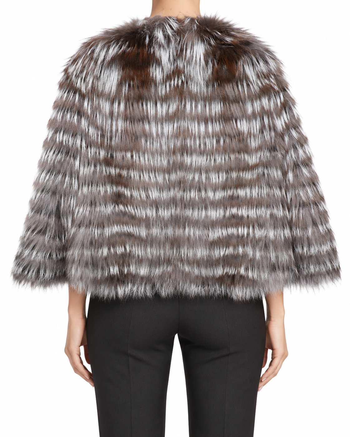 Fendi grey reversible fur coat with silver and brown tonal texture, long sleeves, open front and cropped luxury outerwear silhouette.