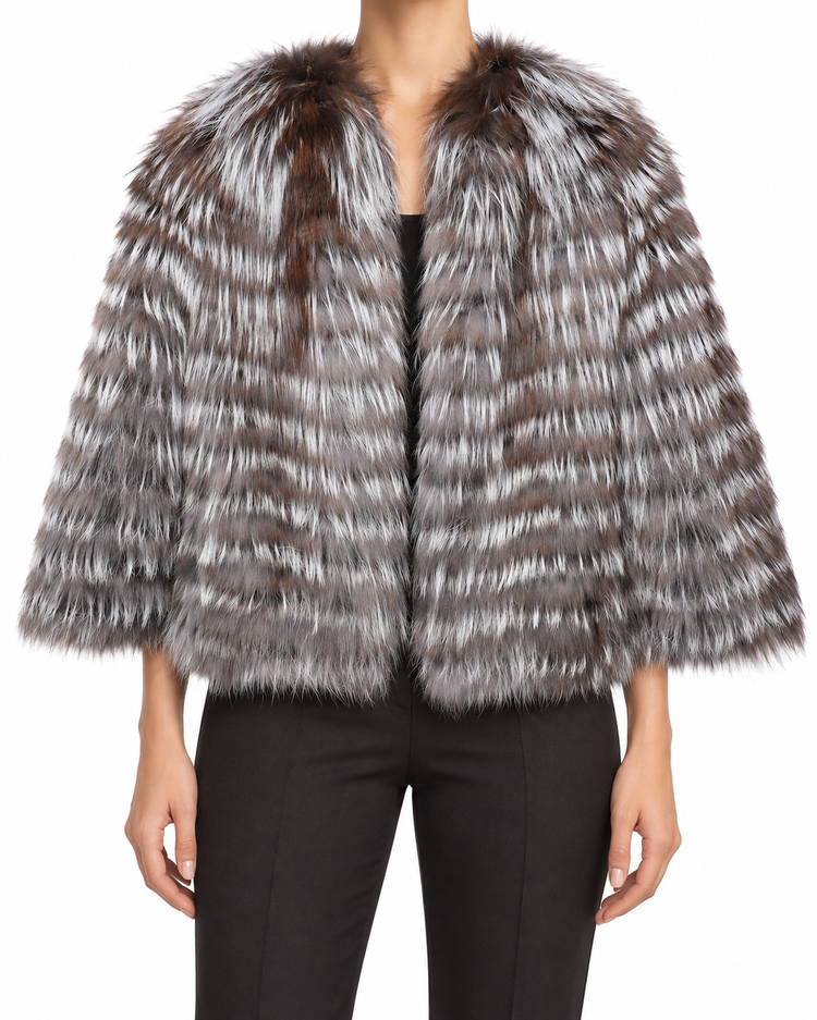 Fendi grey reversible fur coat with silver and brown tonal texture, long sleeves, open front and cropped luxury outerwear silhouette.