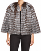 Fendi grey reversible fur coat with silver and brown tonal texture, long sleeves, open front and cropped luxury outerwear silhouette.