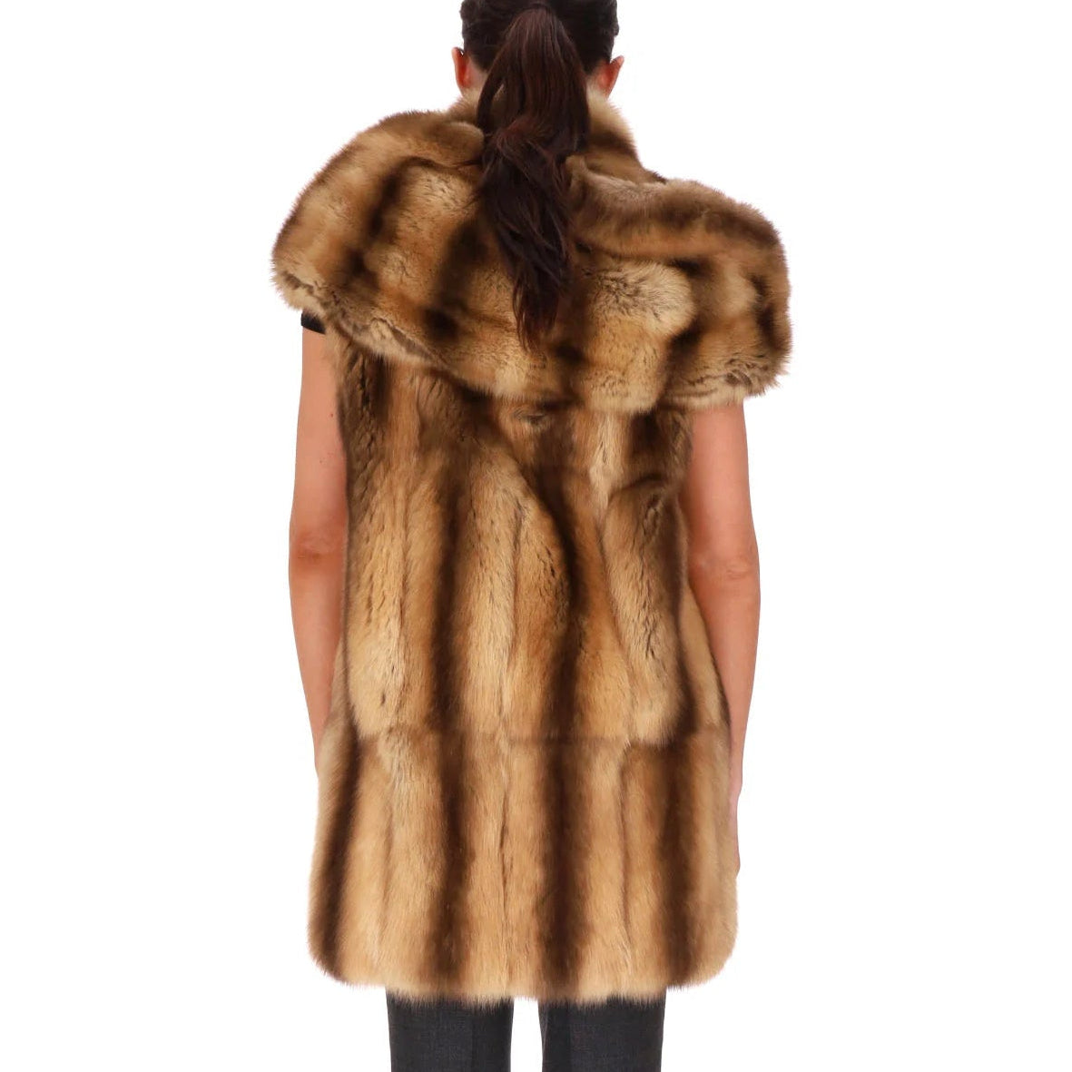 Fendi beige and brown hooded fur gilet with plush texture, sleeveless longline silhouette, rounded shoulders and vertical panel detailing.