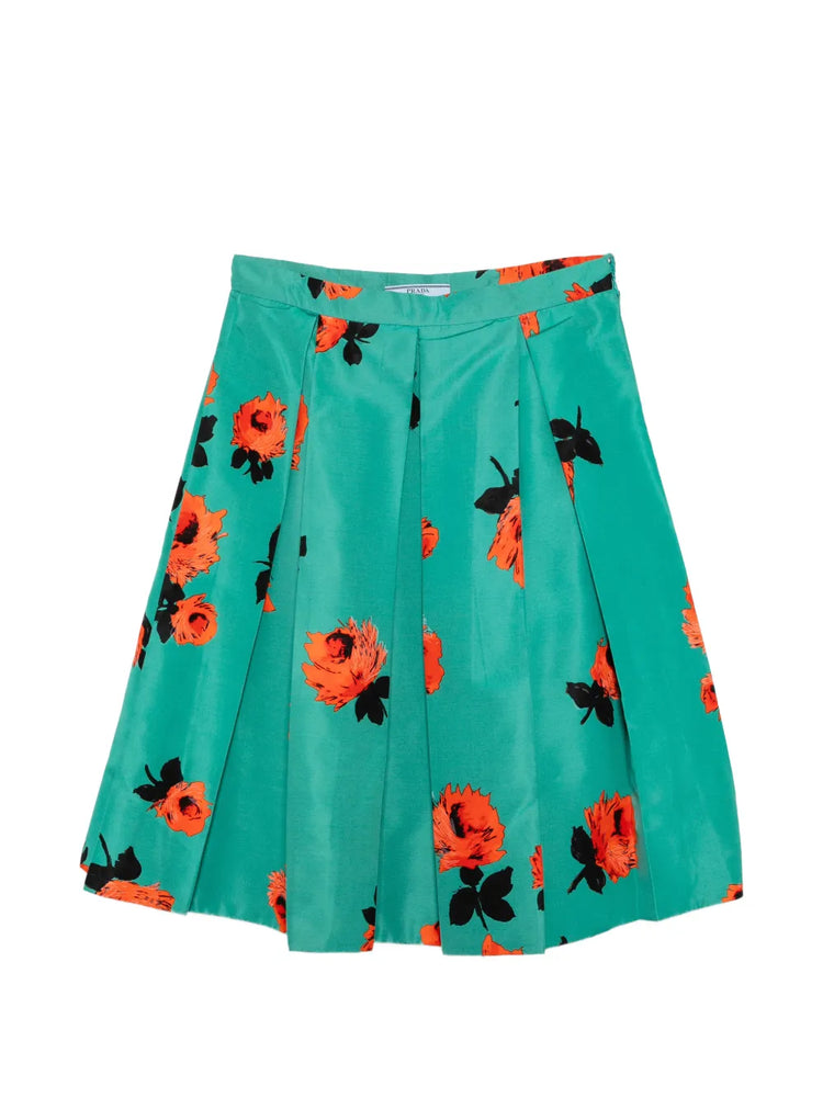 Prada Floral Turquoise Pleated Skirt