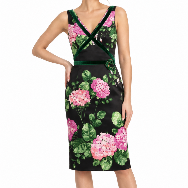 Floral print velvet trim dress by Dolce & Gabbana, featuring vibrant floral pattern and elegant velvet accents.