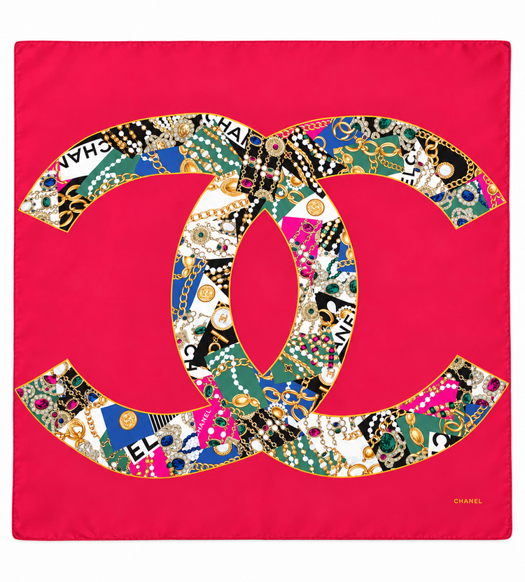 Fuchsia Chanel CC Jewel Print scarf featuring a vibrant jewelry-inspired design, made of luxurious fabric.