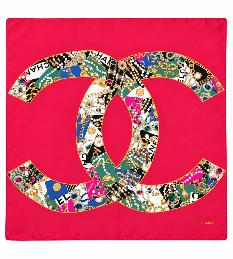 Fuchsia Chanel CC Jewel Print scarf featuring a vibrant jewelry-inspired design, made of luxurious fabric.