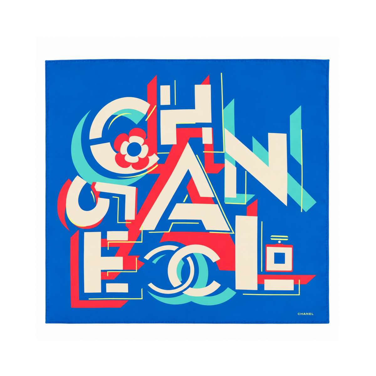 Blue geometric Chanel silk scarf featuring bold pop-art logo and intricate pattern, displayed flat.