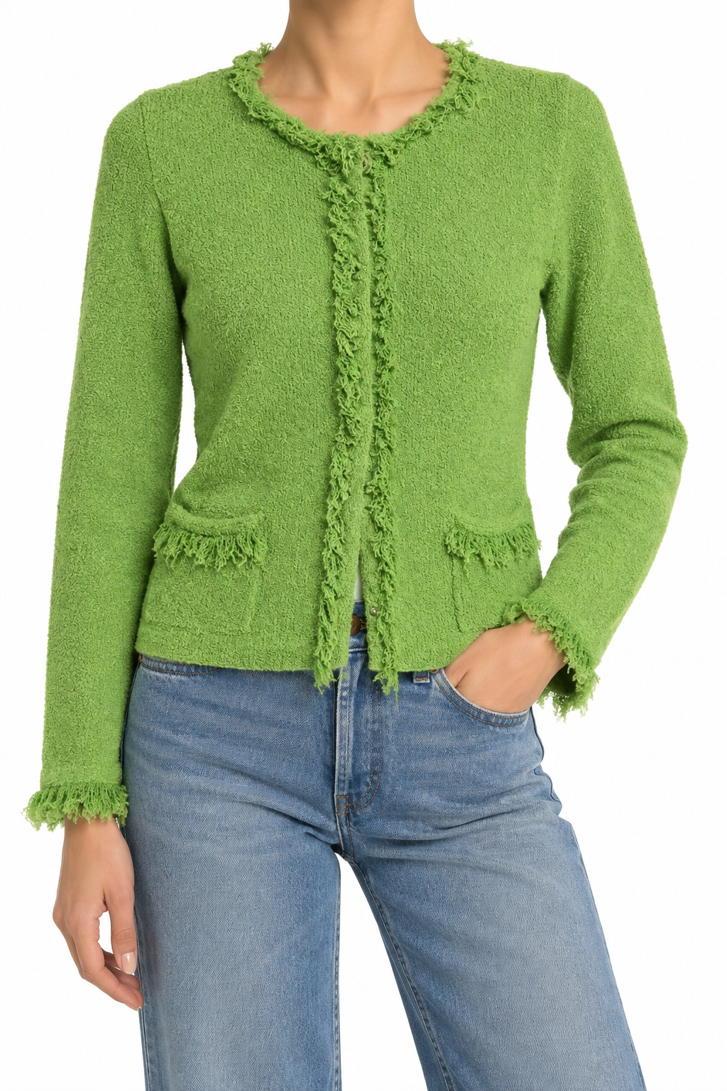 Green Prada frayed cardigan from the tops collection, featuring a stylish, textured knit with distressed edges.